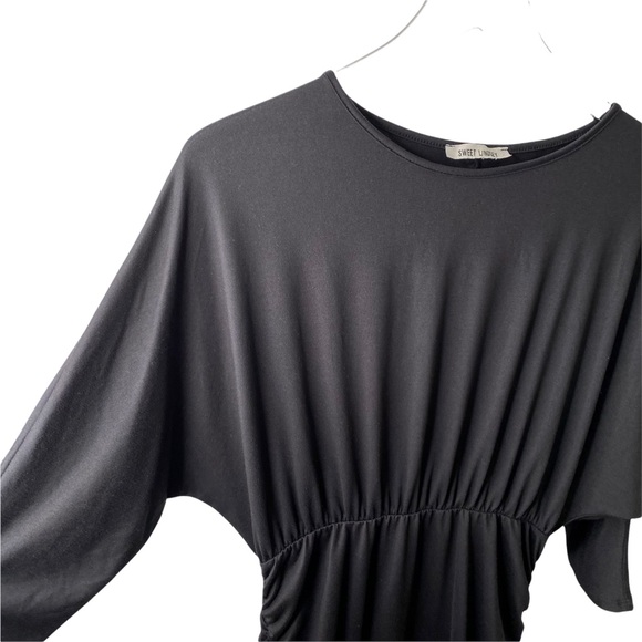 Sweet Lindsey Black Dolman Ruched Little Black Midi Dress Medium - Picture 7 of 7
